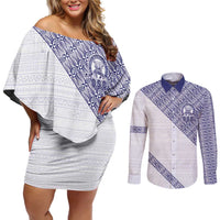 Tonga Queen Salote College Couples Matching Off Shoulder Short Dress and Long Sleeve Button Shirt 100 Years Anniversary White Color LT05 White - Polynesian Pride