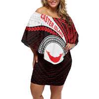 Easter Island Family Matching Off Shoulder Short Dress and Hawaiian Shirt Moai Statues Polynesian Style LT05 Mom's Dress Red - Polynesian Pride