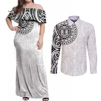 New Zealand Aotearoa Couples Matching Off Shoulder Maxi Dress and Long Sleeve Button Shirt Maori Te Mata O Rongokako LT05 White - Polynesian Pride