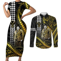 Hawaii Kuhio The Citizen Prince Couples Matching Short Sleeve Bodycon Dress and Long Sleeve Button Shirt Gold Polynesian Tribal Tattoo LT05 Gold - Polynesian Pride