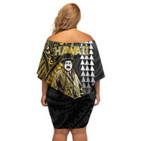 Hawaii Kuhio The Citizen Prince Family Matching Off Shoulder Short Dress and Hawaiian Shirt Gold Polynesian Tribal Tattoo LT05 - Polynesian Pride