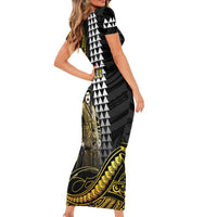 Hawaii Kuhio The Citizen Prince Family Matching Short Sleeve Bodycon Dress and Hawaiian Shirt Gold Polynesian Tribal Tattoo LT05 - Polynesian Pride