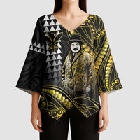 Hawaii Kuhio The Citizen Prince Kimono Sleeve Blouse Gold Polynesian Tribal Tattoo