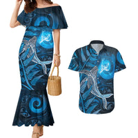 New Zealand Matariki Couples Matching Mermaid Dress and Hawaiian Shirt Maori Koru With Humpback Whale Blue LT05 Blue - Polynesian Pride