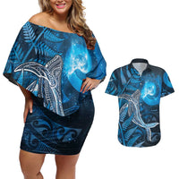 New Zealand Matariki Couples Matching Off Shoulder Short Dress and Hawaiian Shirt Maori Koru With Humpback Whale Blue LT05 Blue - Polynesian Pride