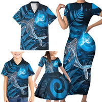 New Zealand Matariki Family Matching Short Sleeve Bodycon Dress and Hawaiian Shirt Maori Koru With Humpback Whale Blue LT05 - Polynesian Pride