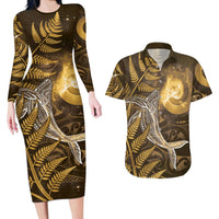 New Zealand Matariki Couples Matching Long Sleeve Bodycon Dress and Hawaiian Shirt Maori Koru With Humpback Whale Gold LT05 Gold - Polynesian Pride