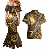 New Zealand Matariki Couples Matching Mermaid Dress and Hawaiian Shirt Maori Koru With Humpback Whale Gold LT05 - Polynesian Pride