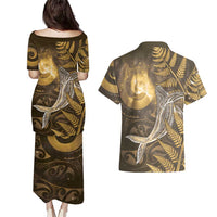 New Zealand Matariki Couples Matching Puletasi and Hawaiian Shirt Maori Koru With Humpback Whale Gold LT05 - Polynesian Pride