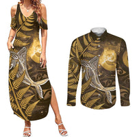 New Zealand Matariki Couples Matching Summer Maxi Dress and Long Sleeve Button Shirt Maori Koru With Humpback Whale Gold LT05 Gold - Polynesian Pride