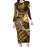 New Zealand Matariki Long Sleeve Bodycon Dress Maori Koru With Humpback Whale Gold LT05 Long Dress Gold - Polynesian Pride