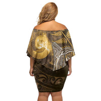 New Zealand Matariki Off Shoulder Short Dress Maori Koru With Humpback Whale Gold LT05 - Polynesian Pride