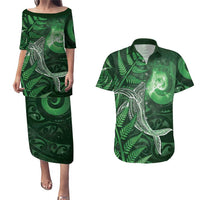 New Zealand Matariki Couples Matching Puletasi and Hawaiian Shirt Maori Koru With Humpback Whale Green LT05 Green - Polynesian Pride