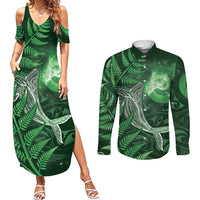 New Zealand Matariki Couples Matching Summer Maxi Dress and Long Sleeve Button Shirt Maori Koru With Humpback Whale Green LT05 Green - Polynesian Pride
