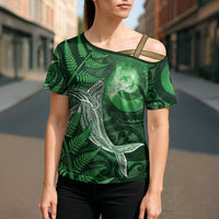 New Zealand Matariki Cross Shoulder Shirt Maori Koru With Humpback Whale Green