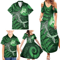 New Zealand Matariki Family Matching Summer Maxi Dress and Hawaiian Shirt Maori Koru With Humpback Whale Green LT05 - Polynesian Pride