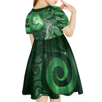 New Zealand Matariki Kid Short Sleeve Dress Maori Koru With Humpback Whale Green LT05 - Polynesian Pride