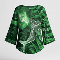 New Zealand Matariki Kimono Sleeve Blouse Maori Koru With Humpback Whale Green