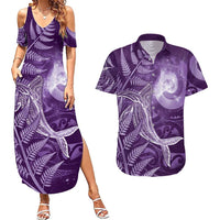 New Zealand Matariki Couples Matching Summer Maxi Dress and Hawaiian Shirt Maori Koru With Humpback Whale Purple LT05 Purple - Polynesian Pride