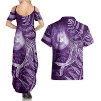 New Zealand Matariki Couples Matching Summer Maxi Dress and Hawaiian Shirt Maori Koru With Humpback Whale Purple LT05 - Polynesian Pride