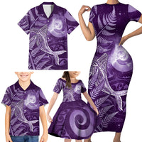New Zealand Matariki Family Matching Short Sleeve Bodycon Dress and Hawaiian Shirt Maori Koru With Humpback Whale Purple LT05 - Polynesian Pride
