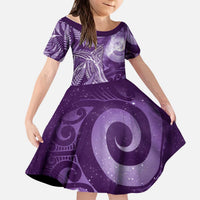 New Zealand Matariki Kid Short Sleeve Dress Maori Koru With Humpback Whale Purple LT05 KID Purple - Polynesian Pride