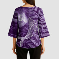 New Zealand Matariki Kimono Sleeve Blouse Maori Koru With Humpback Whale Purple