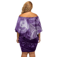 New Zealand Matariki Off Shoulder Short Dress Maori Koru With Humpback Whale Purple LT05 - Polynesian Pride
