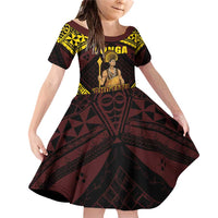 Tonga First King Family Matching Off Shoulder Short Dress and Hawaiian Shirt Ahoeitu Know Your Roots LT05 Daughter's Dress Maroon - Polynesian Pride