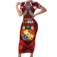 Tonga Emancipation Day Family Matching Short Sleeve Bodycon Dress and Hawaiian Shirt Tongan Kupesi Pattern LT05 Mom's Dress Red - Polynesian Pride