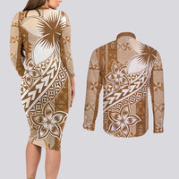 Tonga Kupesi Ngatu Couples Matching Long Sleeve Bodycon Dress and Long Sleeve Button Shirt Vintage Brown Plumeria LT05 - Polynesian Pride