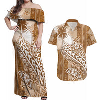 Tonga Kupesi Ngatu Couples Matching Off Shoulder Maxi Dress and Hawaiian Shirt Vintage Brown Plumeria LT05 Brown - Polynesian Pride