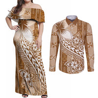 Tonga Kupesi Ngatu Couples Matching Off Shoulder Maxi Dress and Long Sleeve Button Shirt Vintage Brown Plumeria LT05 Brown - Polynesian Pride