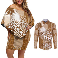 Tonga Kupesi Ngatu Couples Matching Off Shoulder Short Dress and Long Sleeve Button Shirt Vintage Brown Plumeria LT05 Brown - Polynesian Pride