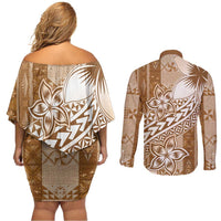 Tonga Kupesi Ngatu Couples Matching Off Shoulder Short Dress and Long Sleeve Button Shirt Vintage Brown Plumeria LT05 - Polynesian Pride