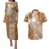 Tonga Kupesi Ngatu Couples Matching Puletasi and Hawaiian Shirt Vintage Brown Plumeria LT05 Brown - Polynesian Pride