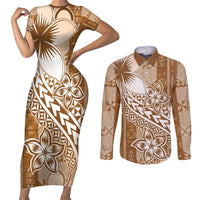 Tonga Kupesi Ngatu Couples Matching Short Sleeve Bodycon Dress and Long Sleeve Button Shirt Vintage Brown Plumeria LT05 Brown - Polynesian Pride