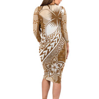 Tonga Kupesi Ngatu Family Matching Long Sleeve Bodycon Dress and Hawaiian Shirt Vintage Brown Plumeria LT05 - Polynesian Pride