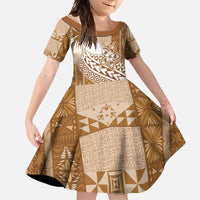 Tonga Kupesi Ngatu Family Matching Mermaid Dress and Hawaiian Shirt Vintage Brown Plumeria LT05 Daughter's Dress Brown - Polynesian Pride