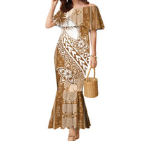 Tonga Kupesi Ngatu Family Matching Mermaid Dress and Hawaiian Shirt Vintage Brown Plumeria LT05 Mom's Dress Brown - Polynesian Pride