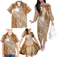 Tonga Kupesi Ngatu Family Matching Off The Shoulder Long Sleeve Dress and Hawaiian Shirt Vintage Brown Plumeria LT05 - Polynesian Pride