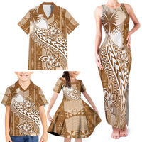 Tonga Kupesi Ngatu Family Matching Tank Maxi Dress and Hawaiian Shirt Vintage Brown Plumeria LT05 - Polynesian Pride