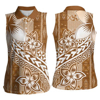 Tonga Kupesi Ngatu Women Sleeveless Polo Shirt Vintage Brown Plumeria LT05 - Polynesian Pride