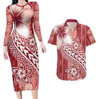 Tonga Kupesi Ngatu Couples Matching Long Sleeve Bodycon Dress and Hawaiian Shirt Vintage Red Plumeria LT05 Red - Polynesian Pride