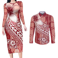 Tonga Kupesi Ngatu Couples Matching Long Sleeve Bodycon Dress and Long Sleeve Button Shirt Vintage Red Plumeria LT05 Red - Polynesian Pride