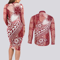 Tonga Kupesi Ngatu Couples Matching Long Sleeve Bodycon Dress and Long Sleeve Button Shirt Vintage Red Plumeria LT05 - Polynesian Pride
