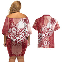 Tonga Kupesi Ngatu Couples Matching Off Shoulder Short Dress and Hawaiian Shirt Vintage Red Plumeria LT05 - Polynesian Pride