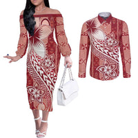 Tonga Kupesi Ngatu Couples Matching Off The Shoulder Long Sleeve Dress and Long Sleeve Button Shirt Vintage Red Plumeria LT05 Red - Polynesian Pride