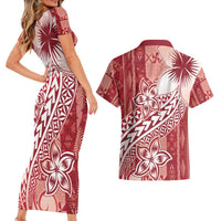 Tonga Kupesi Ngatu Couples Matching Short Sleeve Bodycon Dress and Hawaiian Shirt Vintage Red Plumeria LT05 - Polynesian Pride