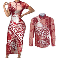Tonga Kupesi Ngatu Couples Matching Short Sleeve Bodycon Dress and Long Sleeve Button Shirt Vintage Red Plumeria LT05 Red - Polynesian Pride
